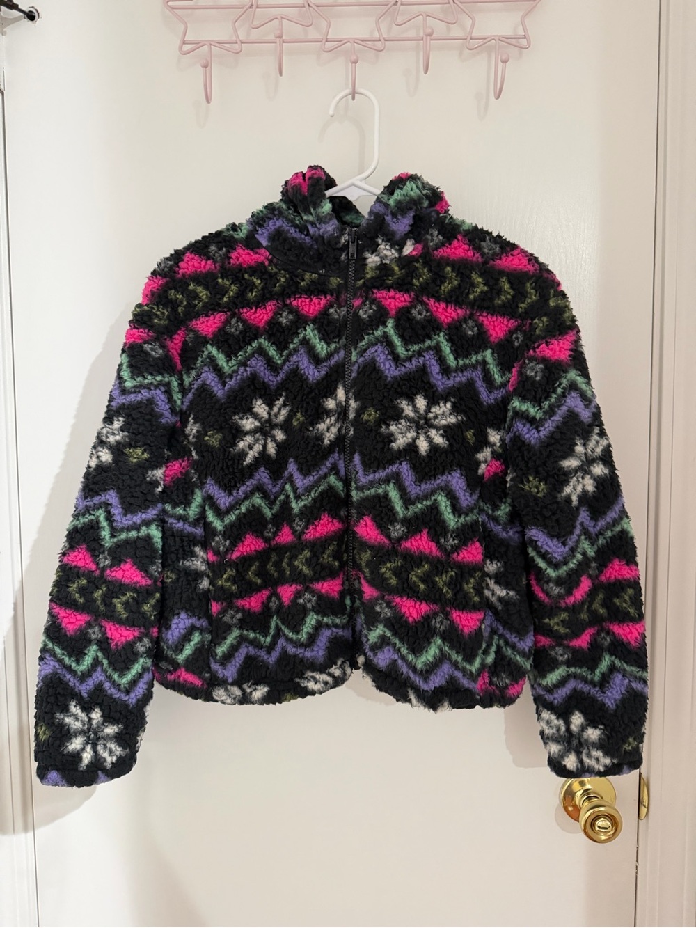 Xersion Black Sherpa Puffer Jacket with Pink, Purple & Green Pattern